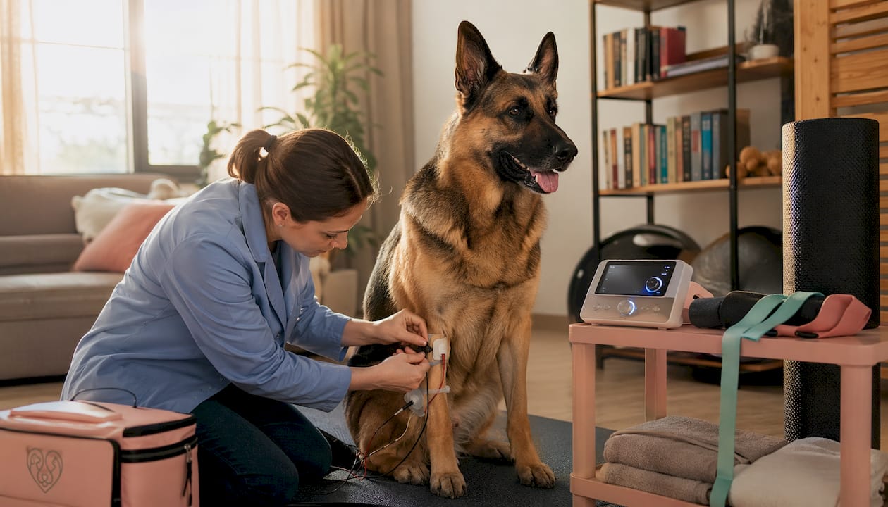 Veterinary neurologist adjusting NMES on dog