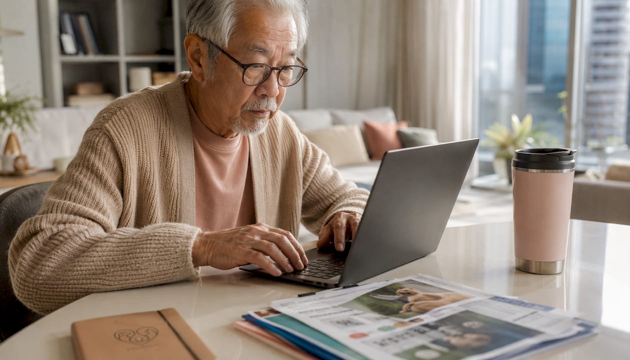 Senior man scheduling mobile vet appointment at home