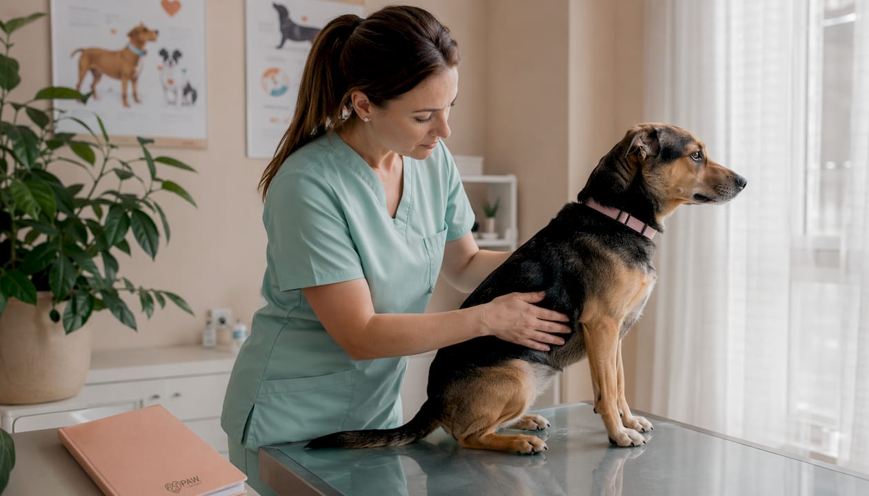 Vet palpating dog’s ribs during body condition check