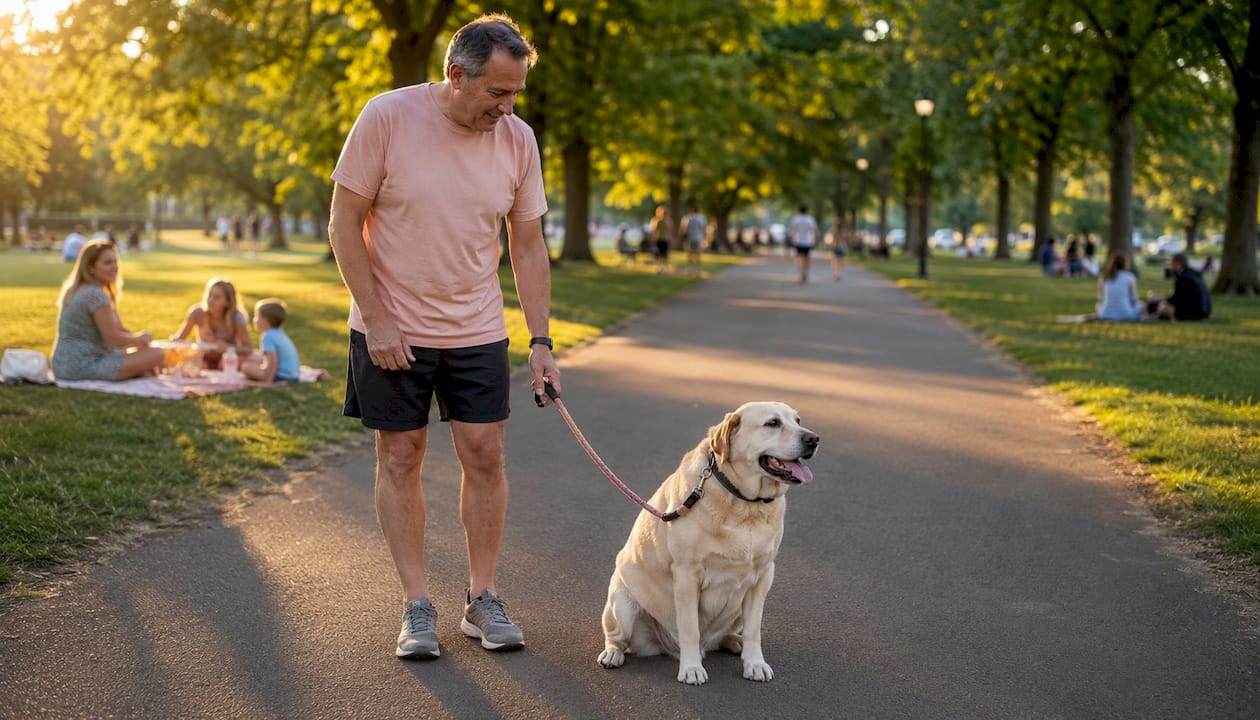 Owner walking overweight Labrador Retriever in park