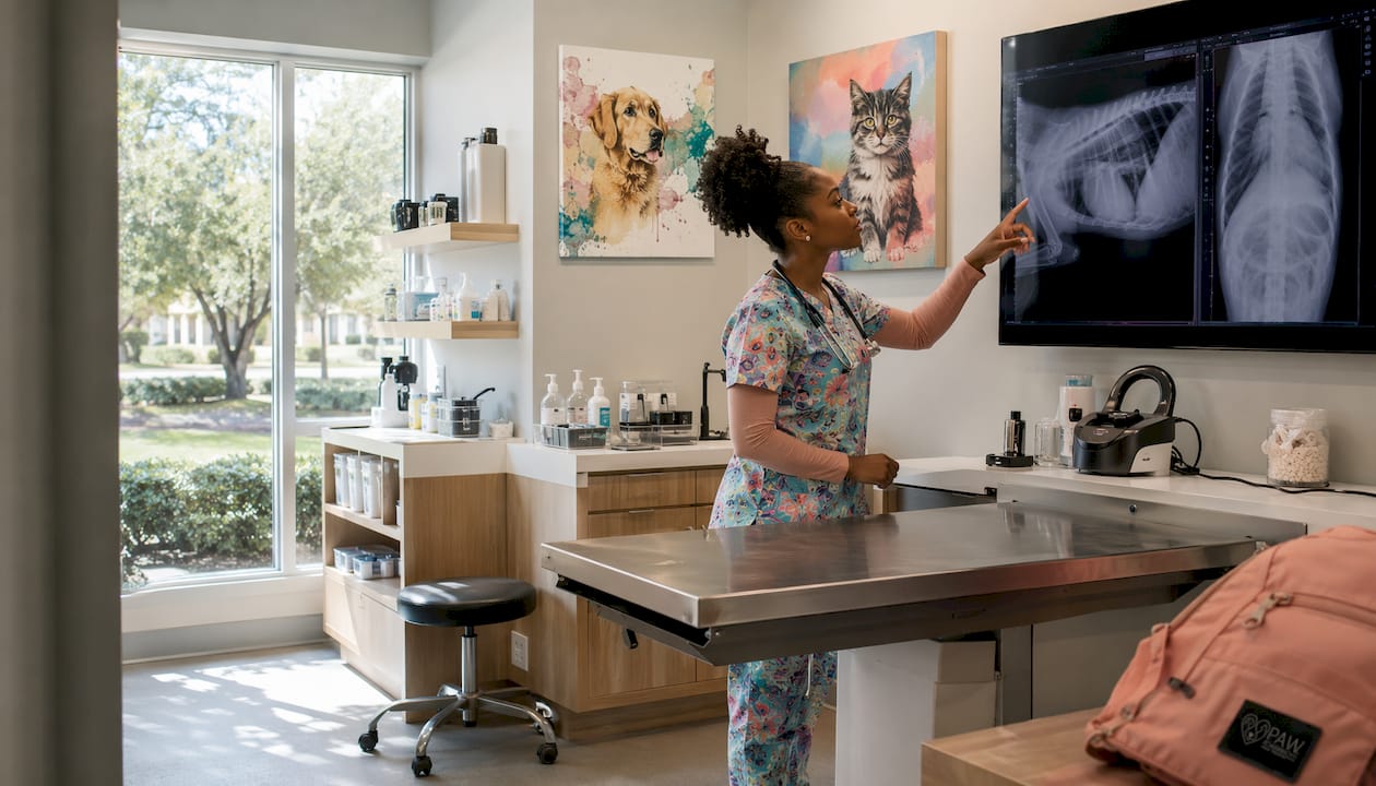 Vet reviewing X-rays in mobile van
