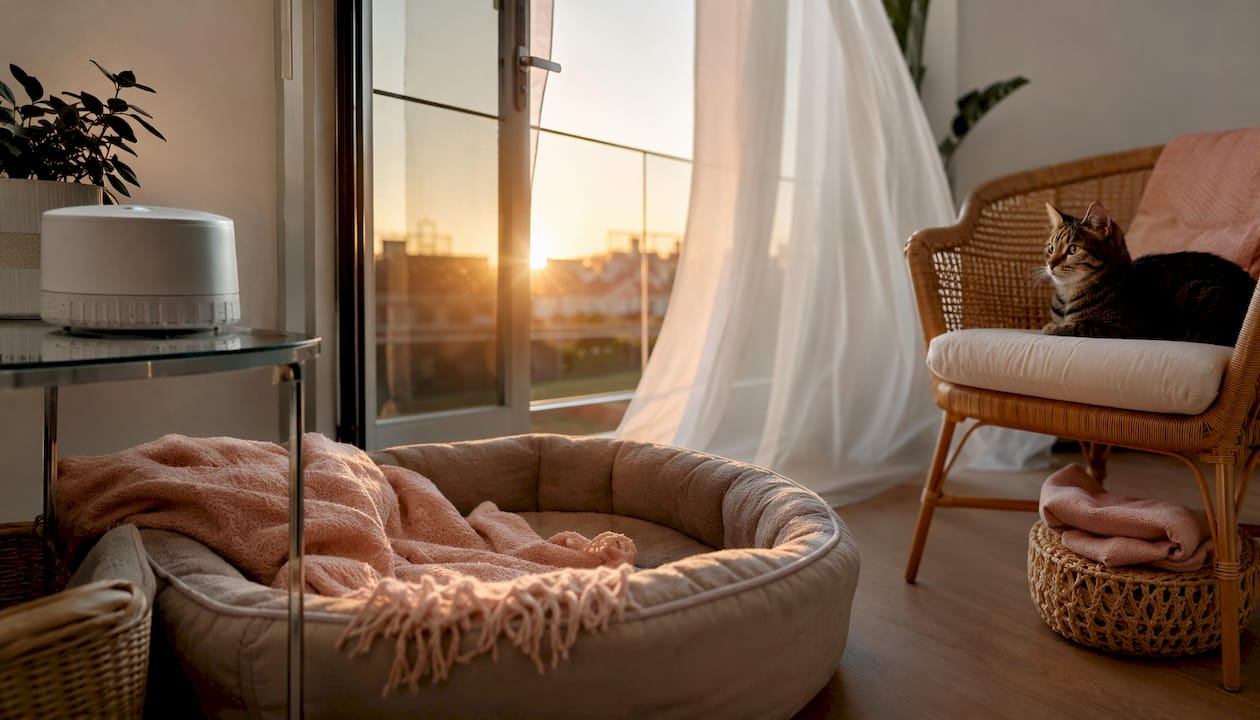 Cozy calming corner for anxious pets at home