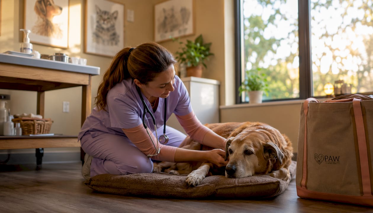 Veterinarian examining calm senior dog