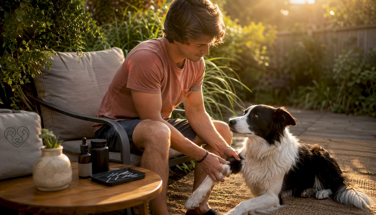 Owner providing integrative care to dog at home