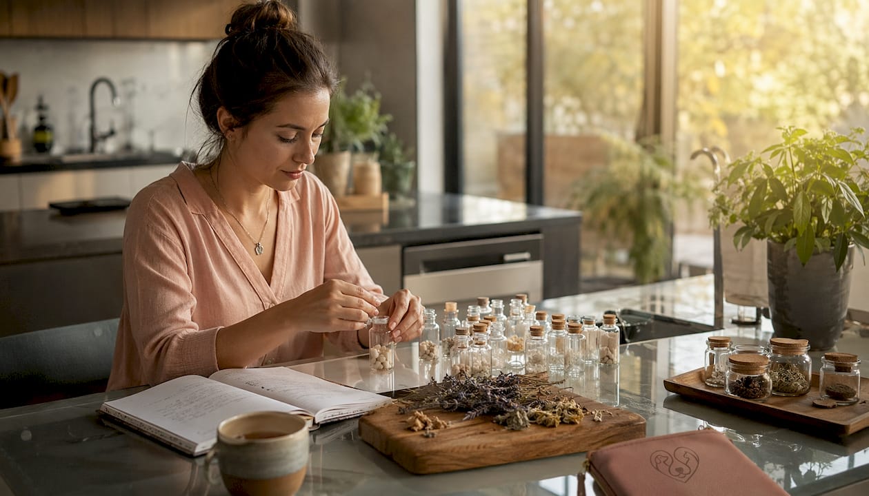 Hands preparing homeopathic vials and notes