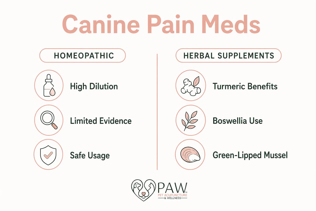 Infographic comparing homeopathic and herbal dog pain medications