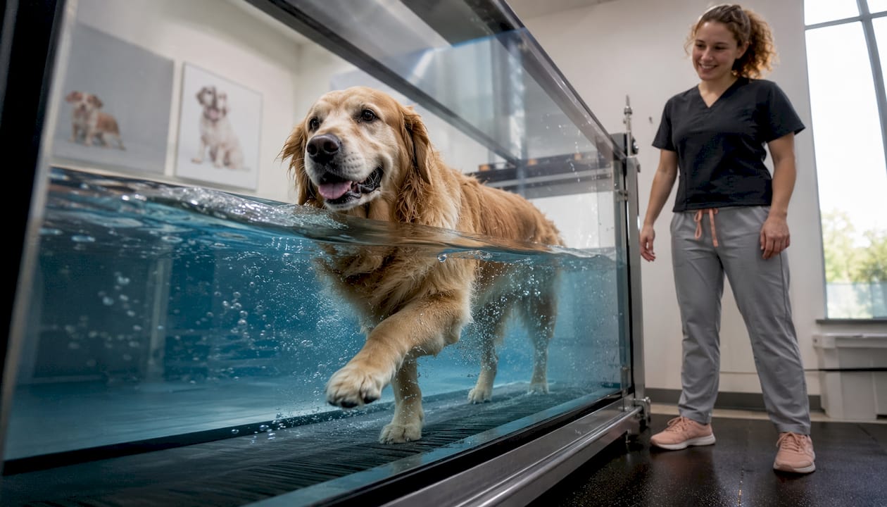 Dog undergoing underwater treadmill therapy