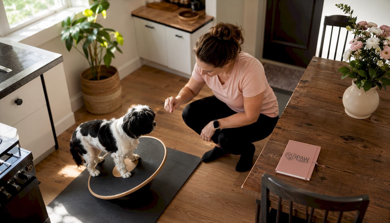 Therapist guiding small dog in home therapy