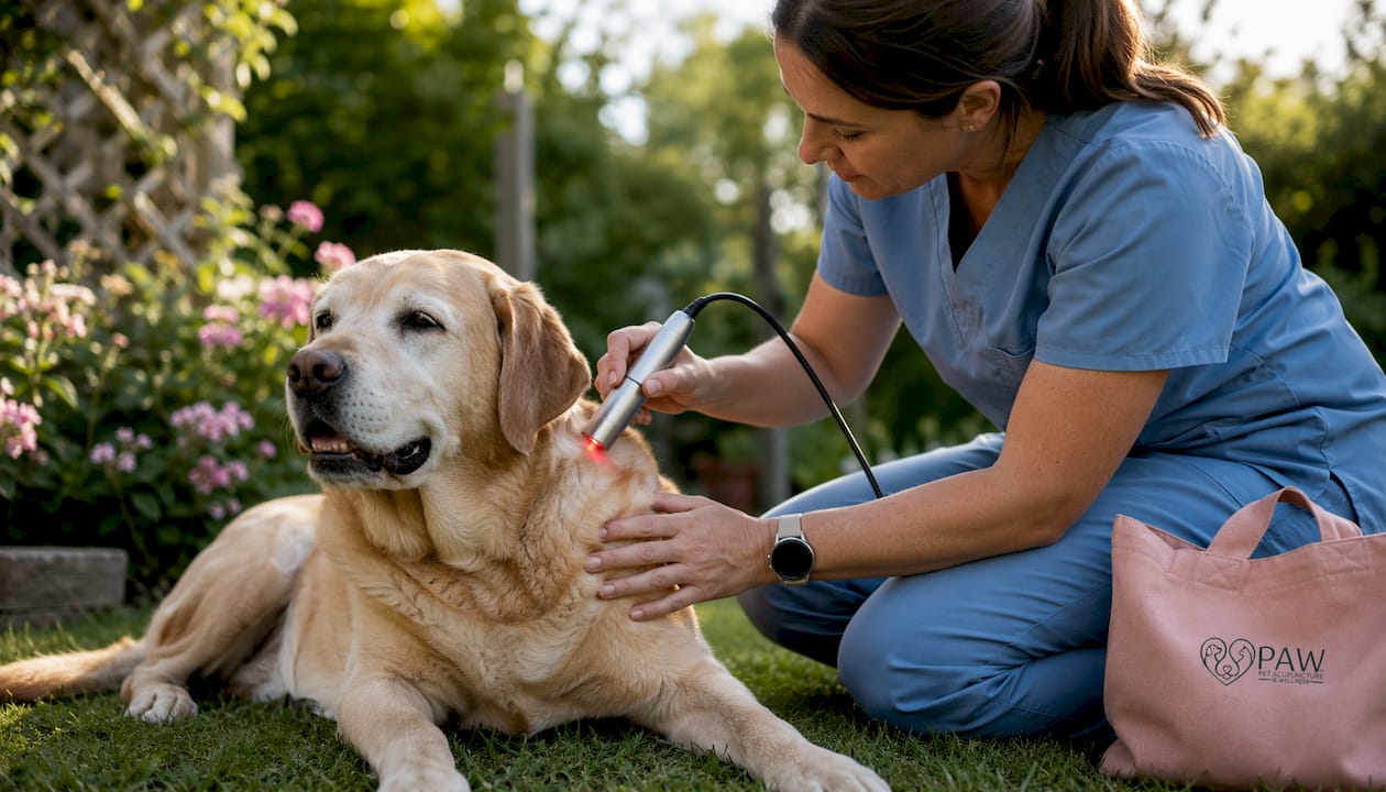 Veterinarian applying cold laser therapy to dog
