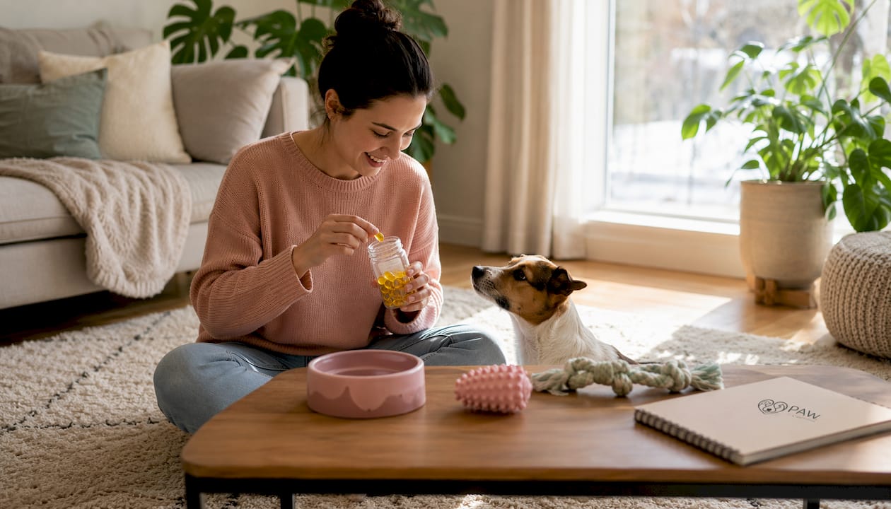 Pet owner preparing fish oil capsules for dog