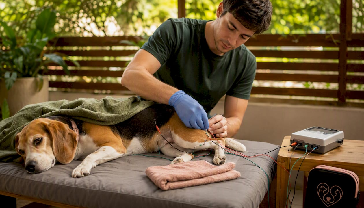 Hands placing electroacupuncture needles on dog