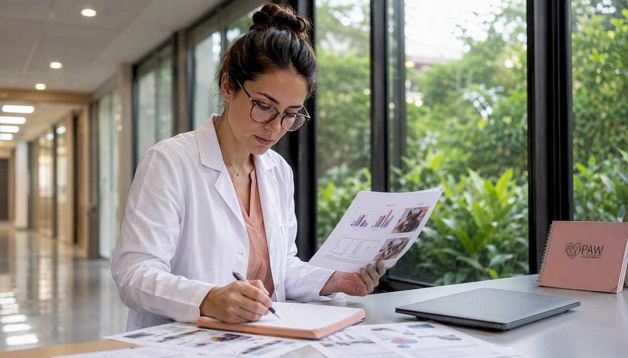 Veterinary researcher reviewing study papers