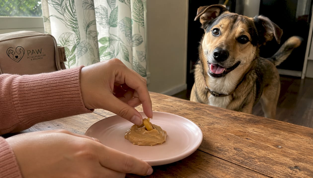 Hand giving turmeric capsule hidden in peanut butter to dog