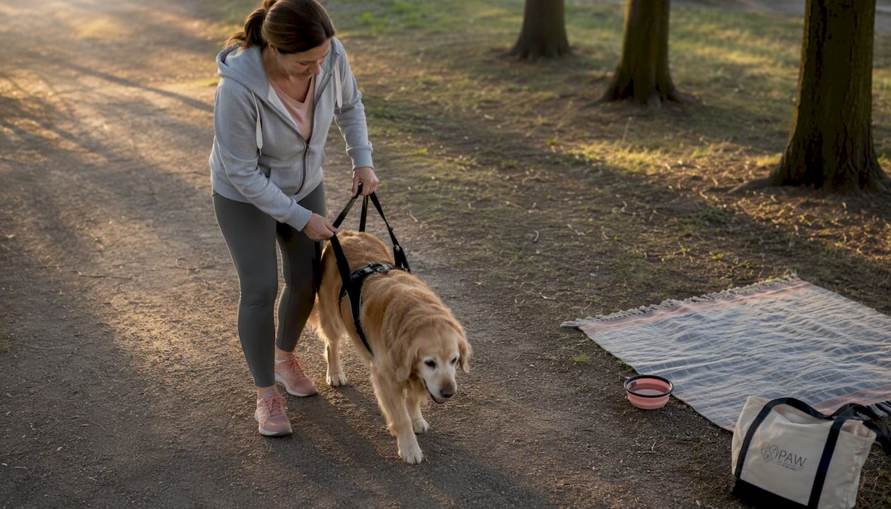 Owner assisting dog recovery with mobility harness outdoors