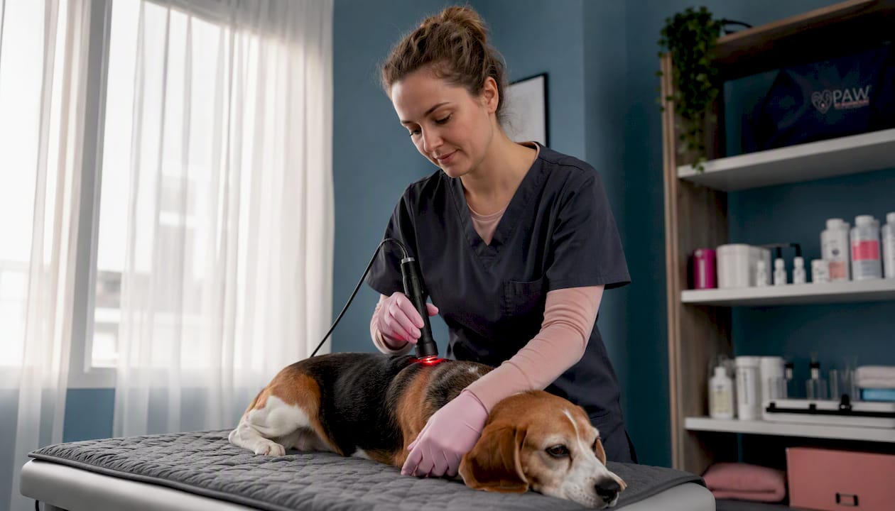 Technician administering laser therapy on Dachshund