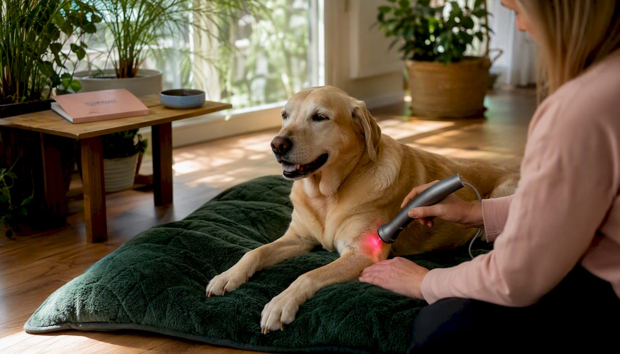 Labrador resting during home laser therapy session