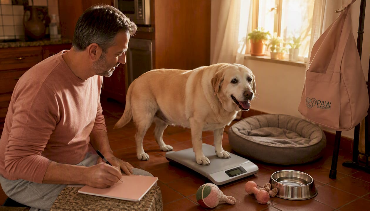 Owner weighing overweight dog on pet scale indoors