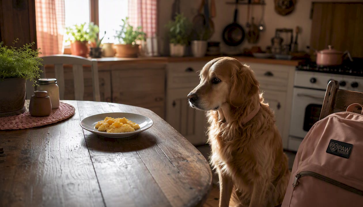 Golden dog waiting next to plate of cooked eggs in kitchen