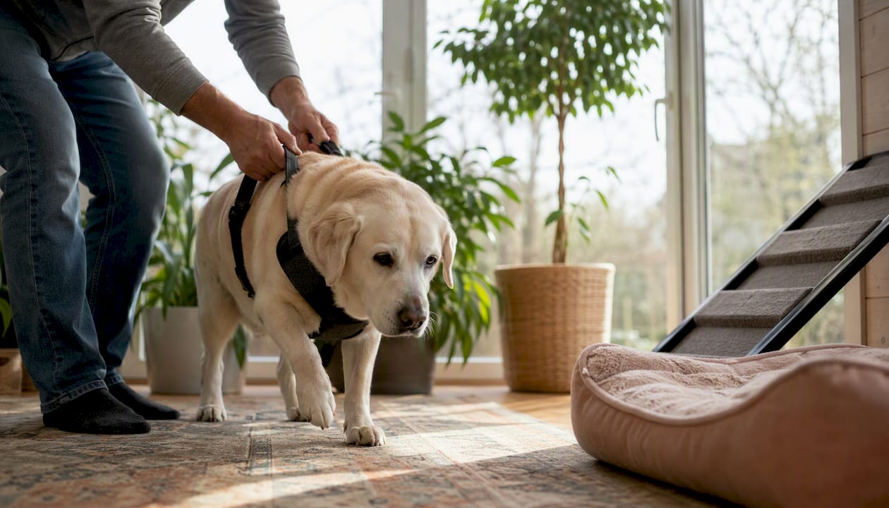 Senior dog assisted by harness on floor mats