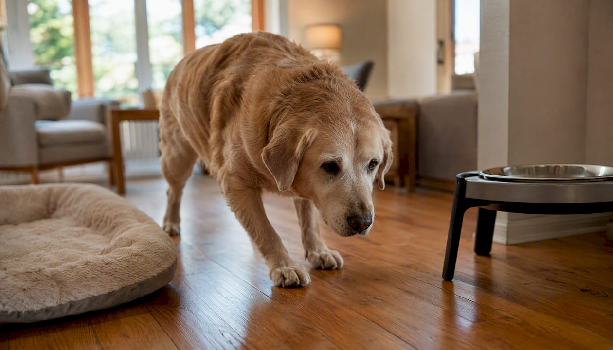 Dog paws on slippery floor near sofa and food bowl