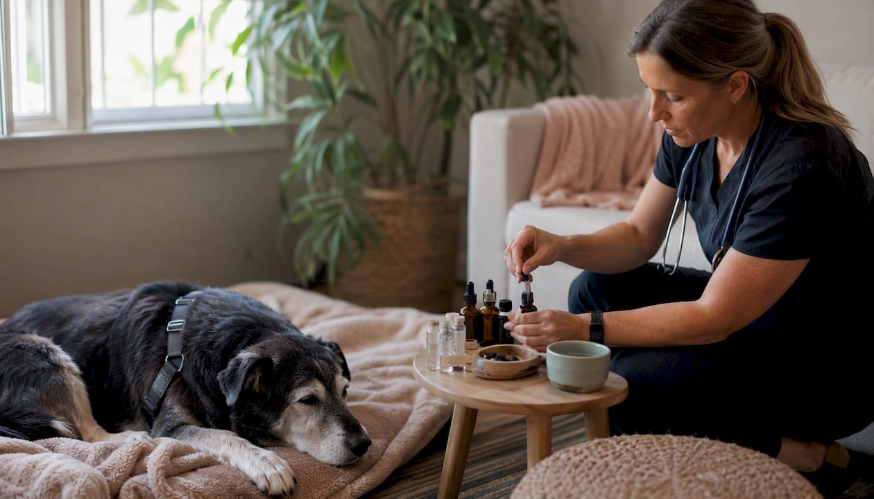 Veterinarian providing in-home care to senior dog