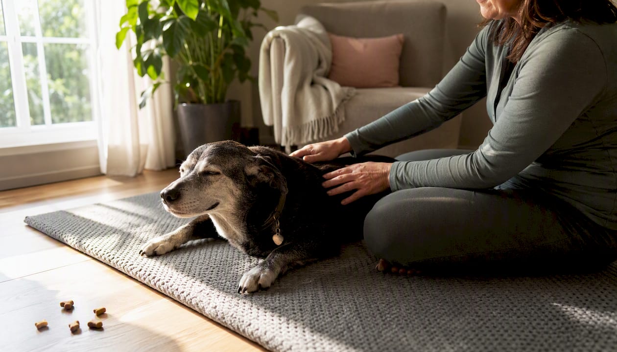 Relaxed senior dog on mat receiving acupressure