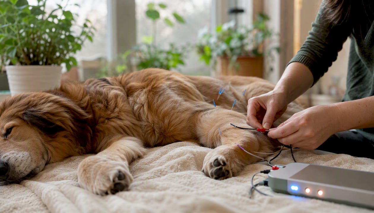 Dog receiving electroacupuncture treatment at home