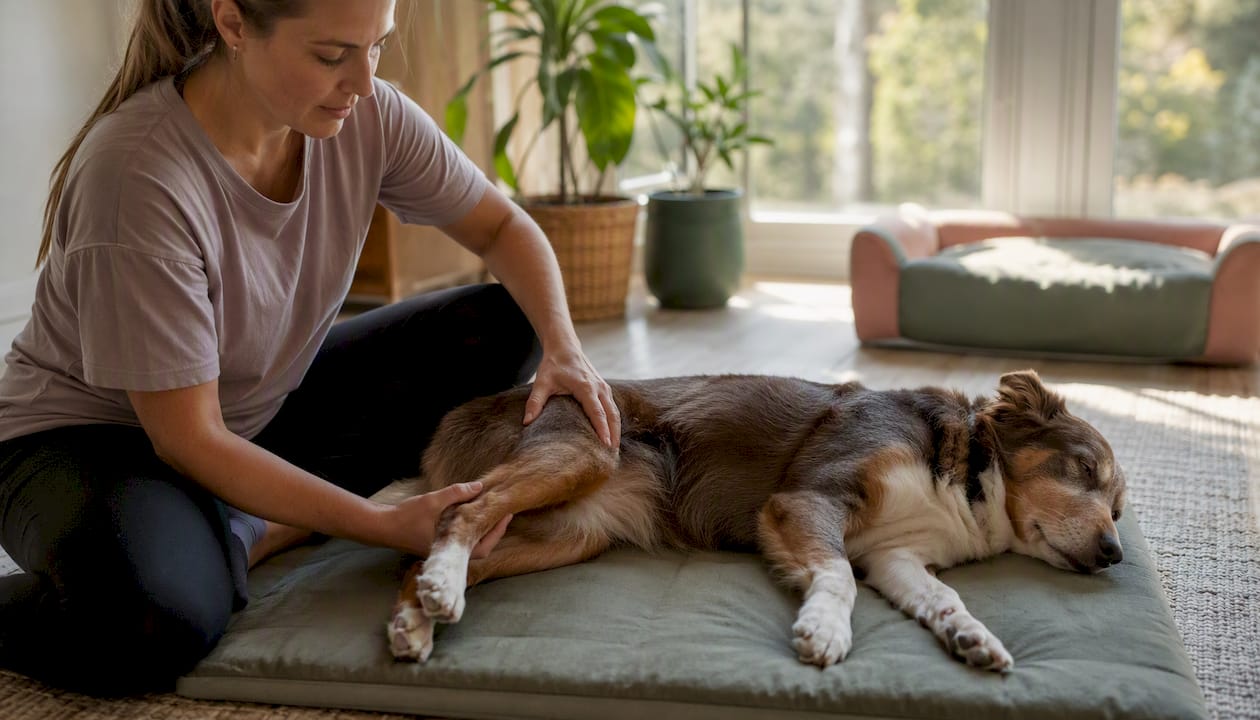 Hands performing passive range of motion on dog's knee