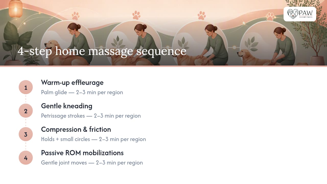 Diagram showing steps of massage techniques for arthritic dogs