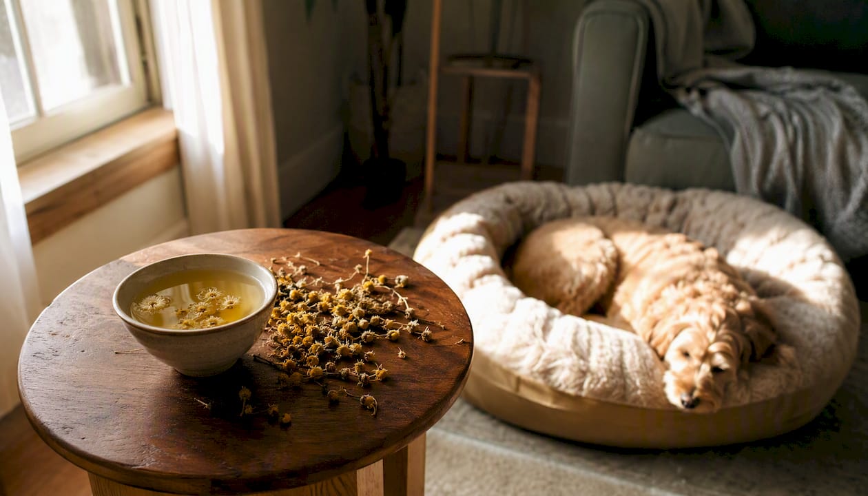 Dried chamomile flowers and herbal tea near dog blanket