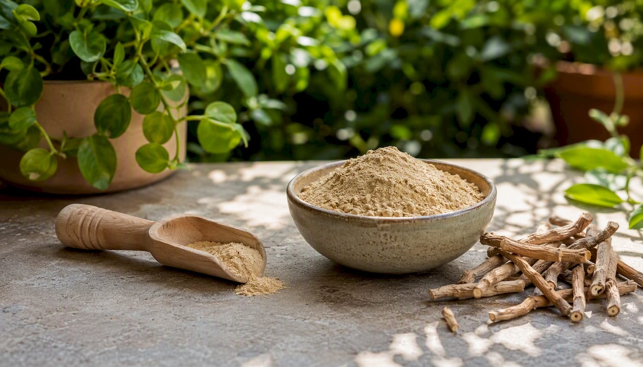 Ashwagandha root powder and dried root pieces