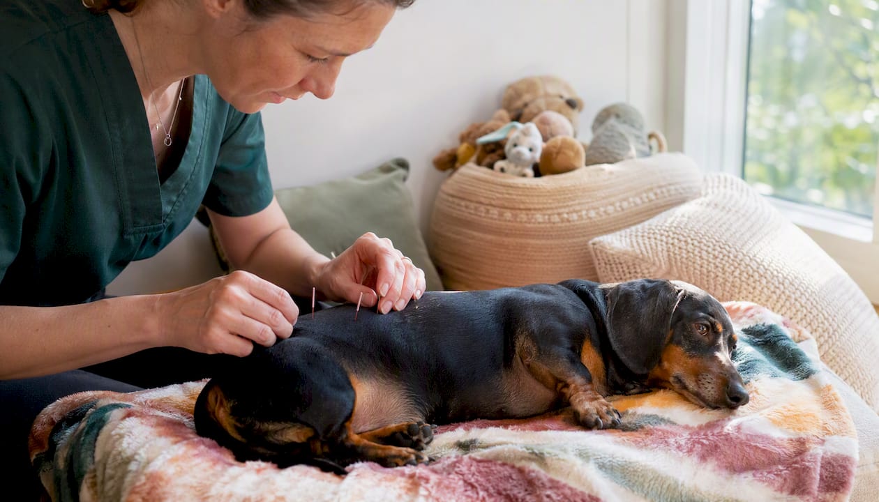 Post-op Dachshund receiving acupuncture