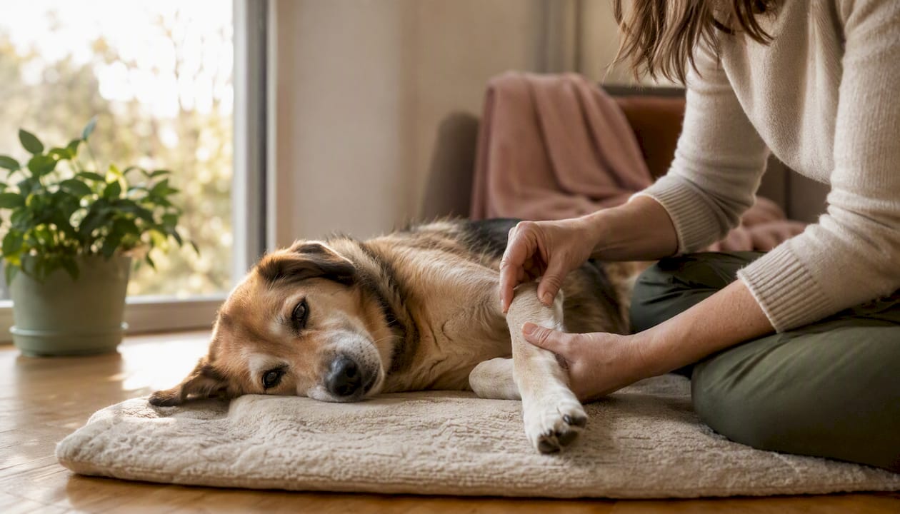 Veterinarian hands performing Tui-na massage on dog's leg