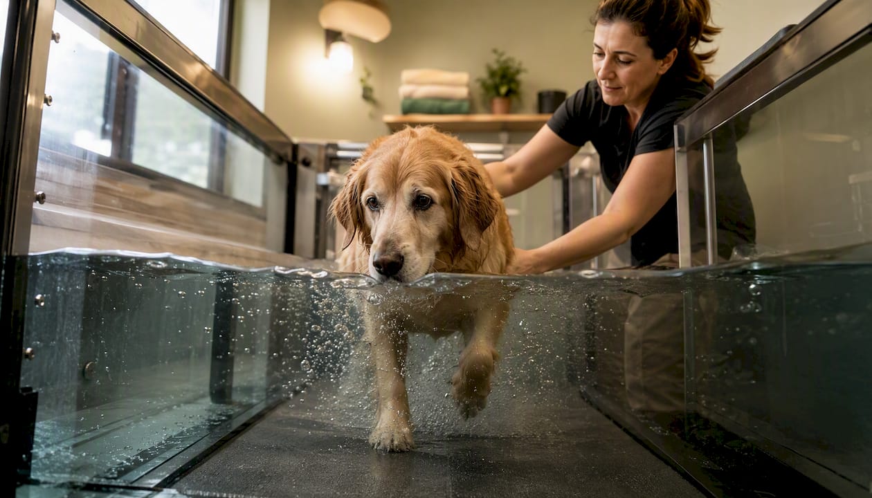 Senior dog walking on underwater treadmill during rehab