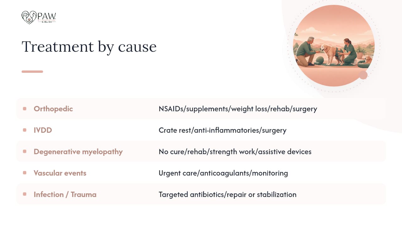 Diagram of treatment paths for different causes of hind leg weakness