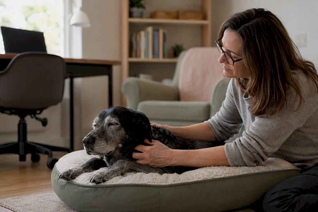 Senior dog resting comfortably with owner at home