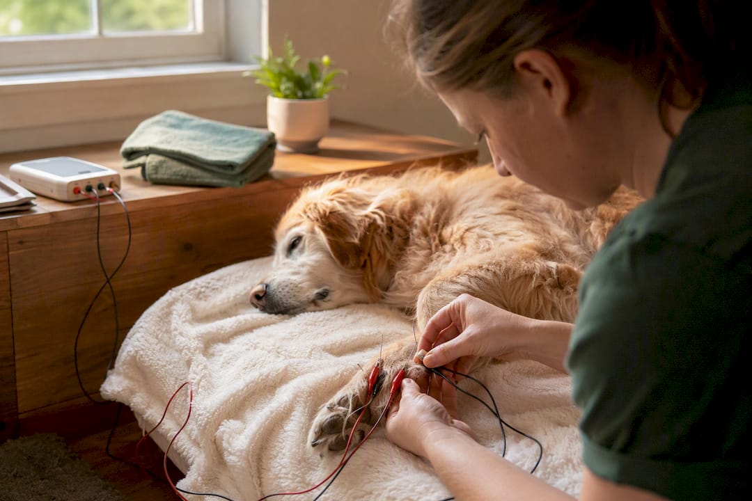 Vet attaching electroacupuncture electrodes to dog