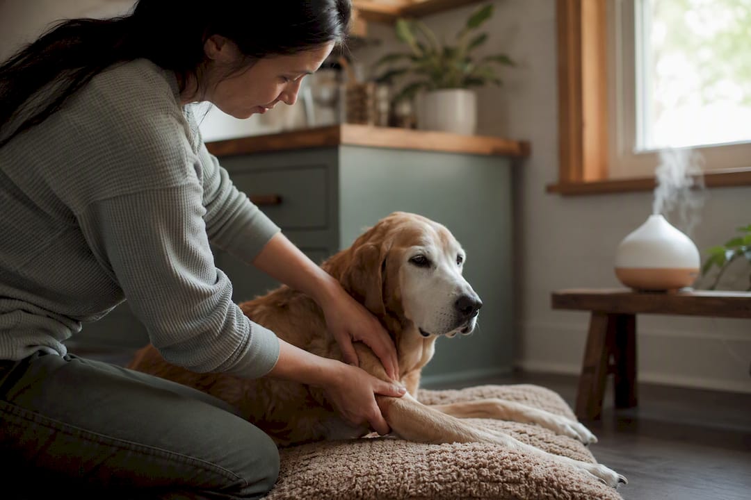 Owner performing tui-na massage on senior dog leg