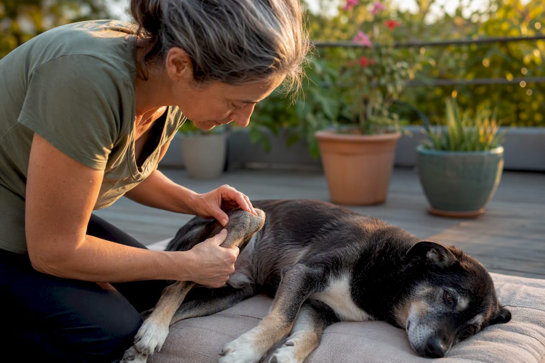 Hands performing passive leg range of motion on dog