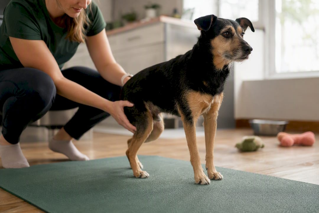 Owner guiding dog weight shifts for rehab