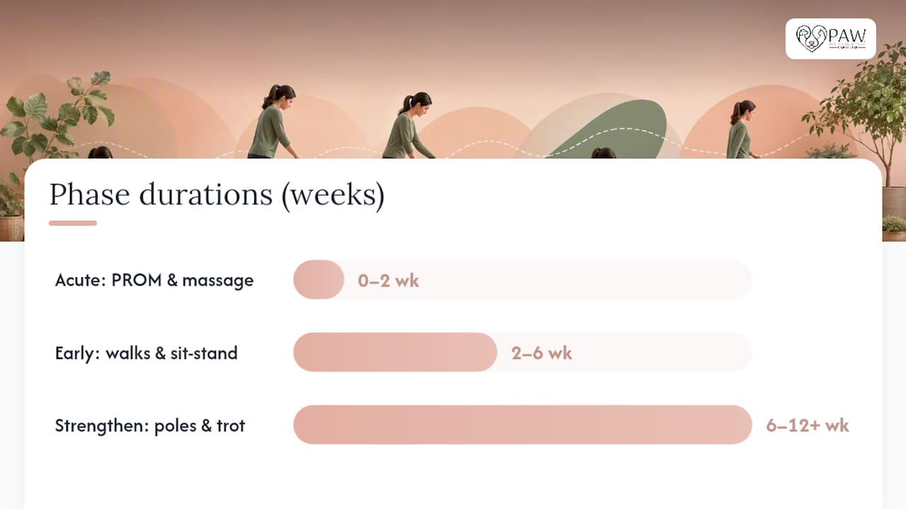 Diagram of dog rehab phases with activities and durations