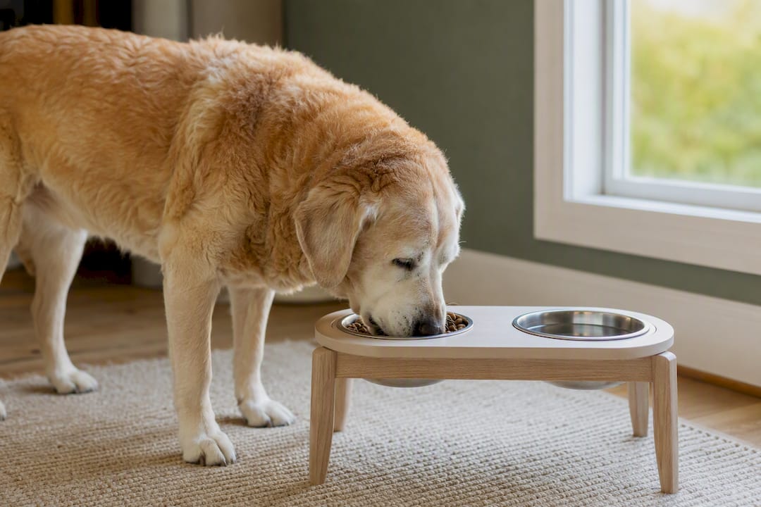 Senior dog eating from raised feeding station