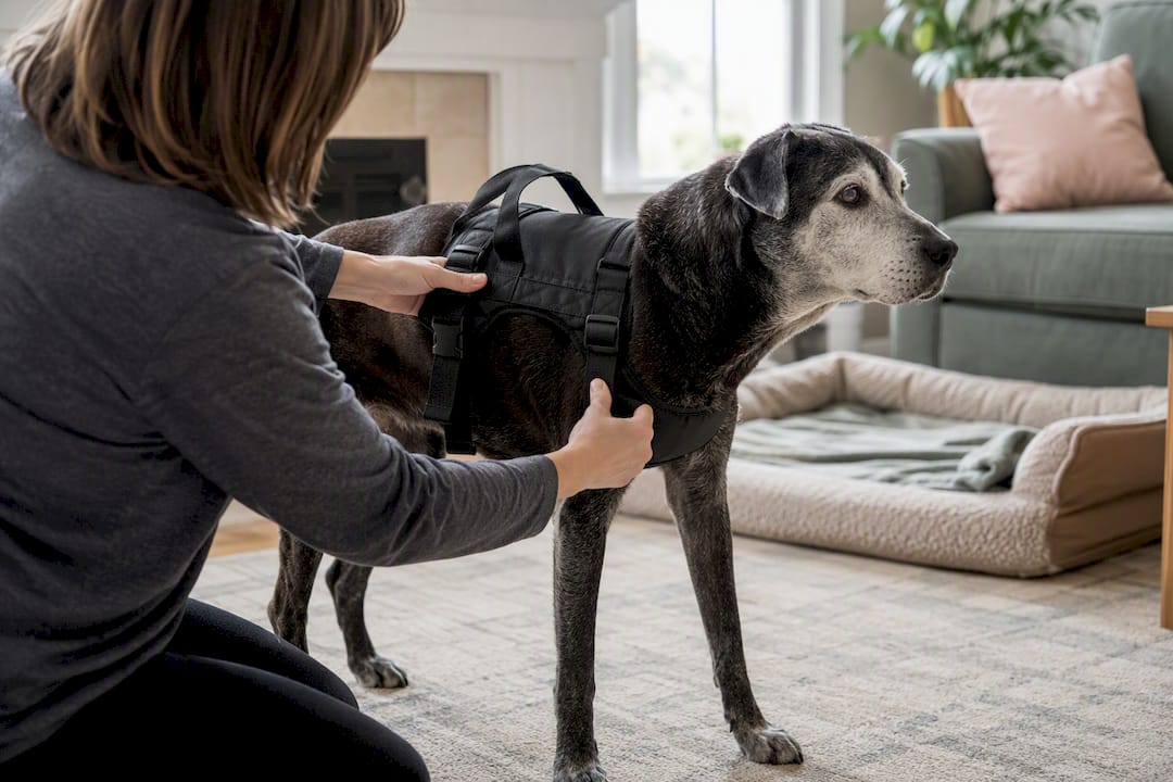 Hands fastening mobility harness on senior dog
