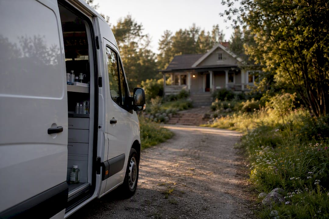 Mobile vet van arriving at suburban driveway