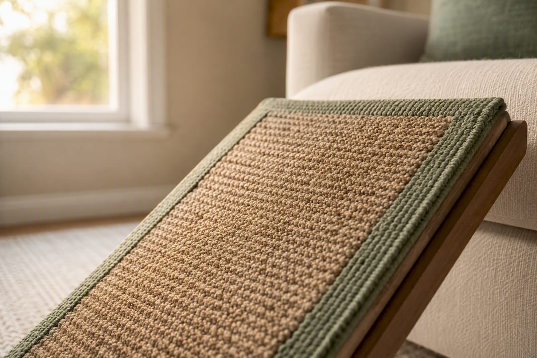 Anchored rug at top of dog ramp landing