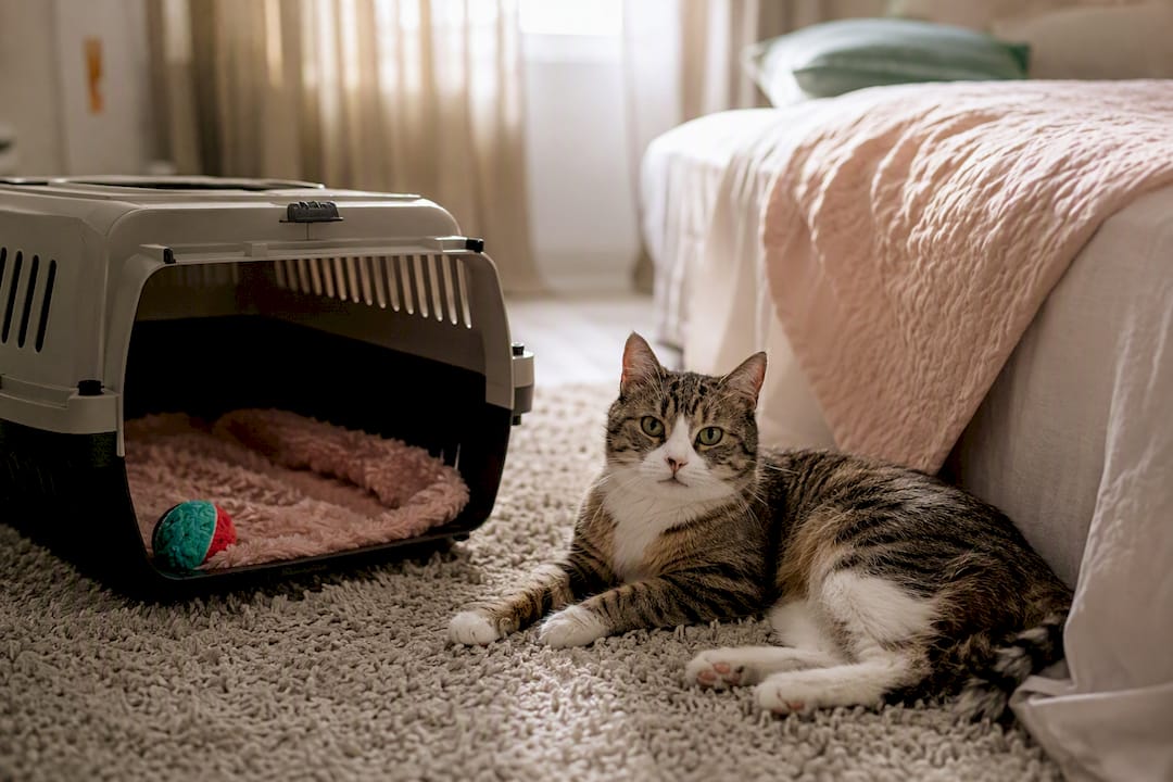 Cat resting beside open carrier after drive