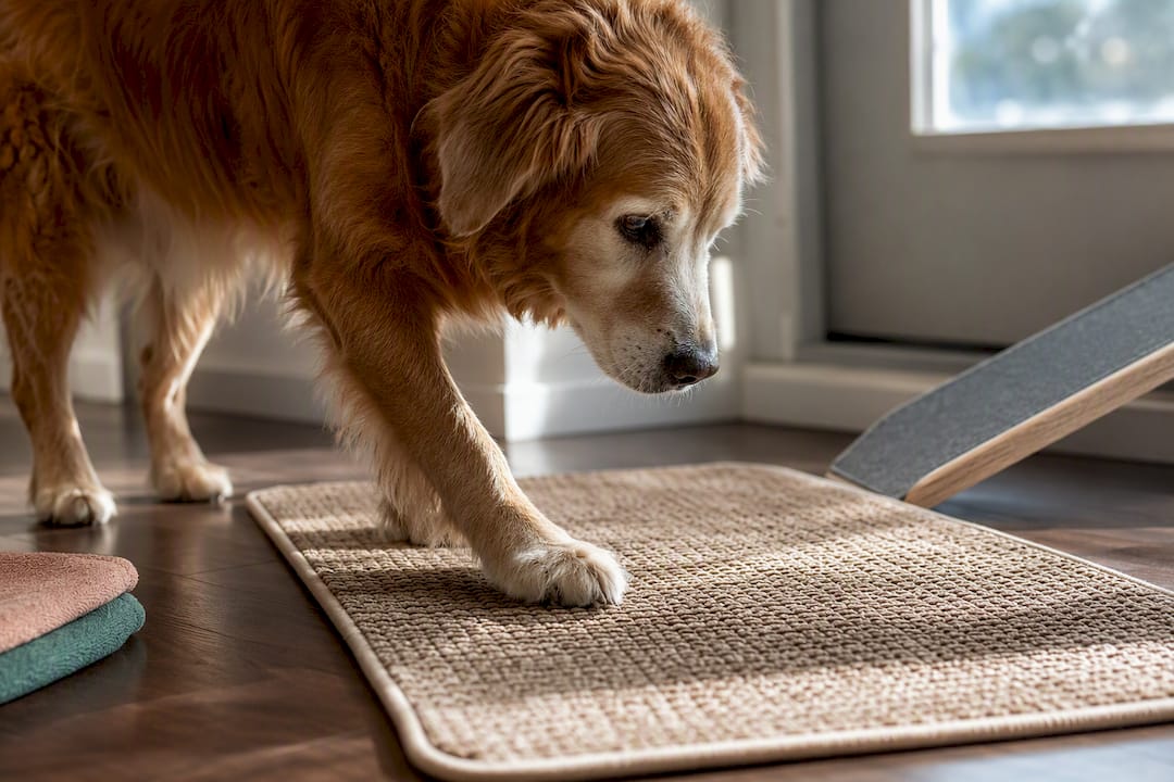 Senior dog testing a nonslip rug