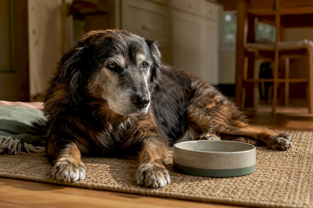 Senior dog resting beside water bowl
