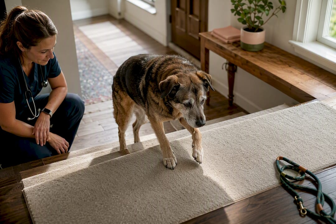 Senior dog carefully climbing indoor stairs