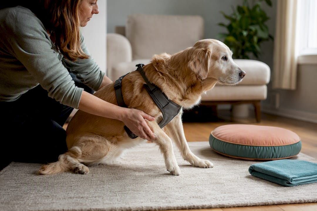 Senior dog performing controlled home exercise